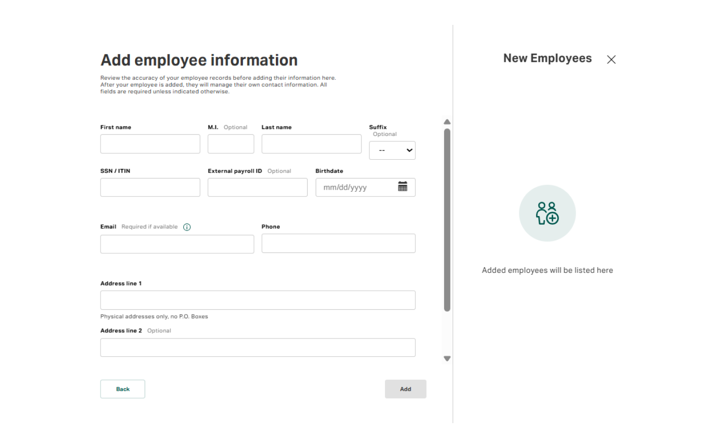 Enter, review, and submit employee details manually