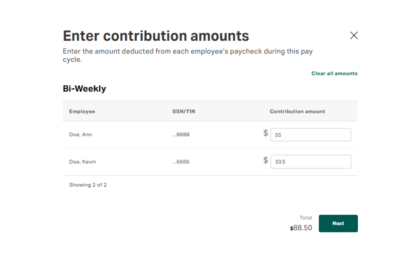 Enter contribution amounts for each employee