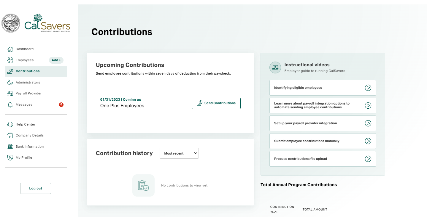 Open the Contributions page in the Employer Portal
