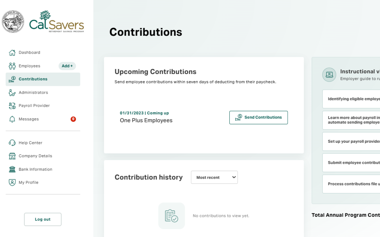 Contributions Dashboard in the Employer Portal showing employee contribution elections