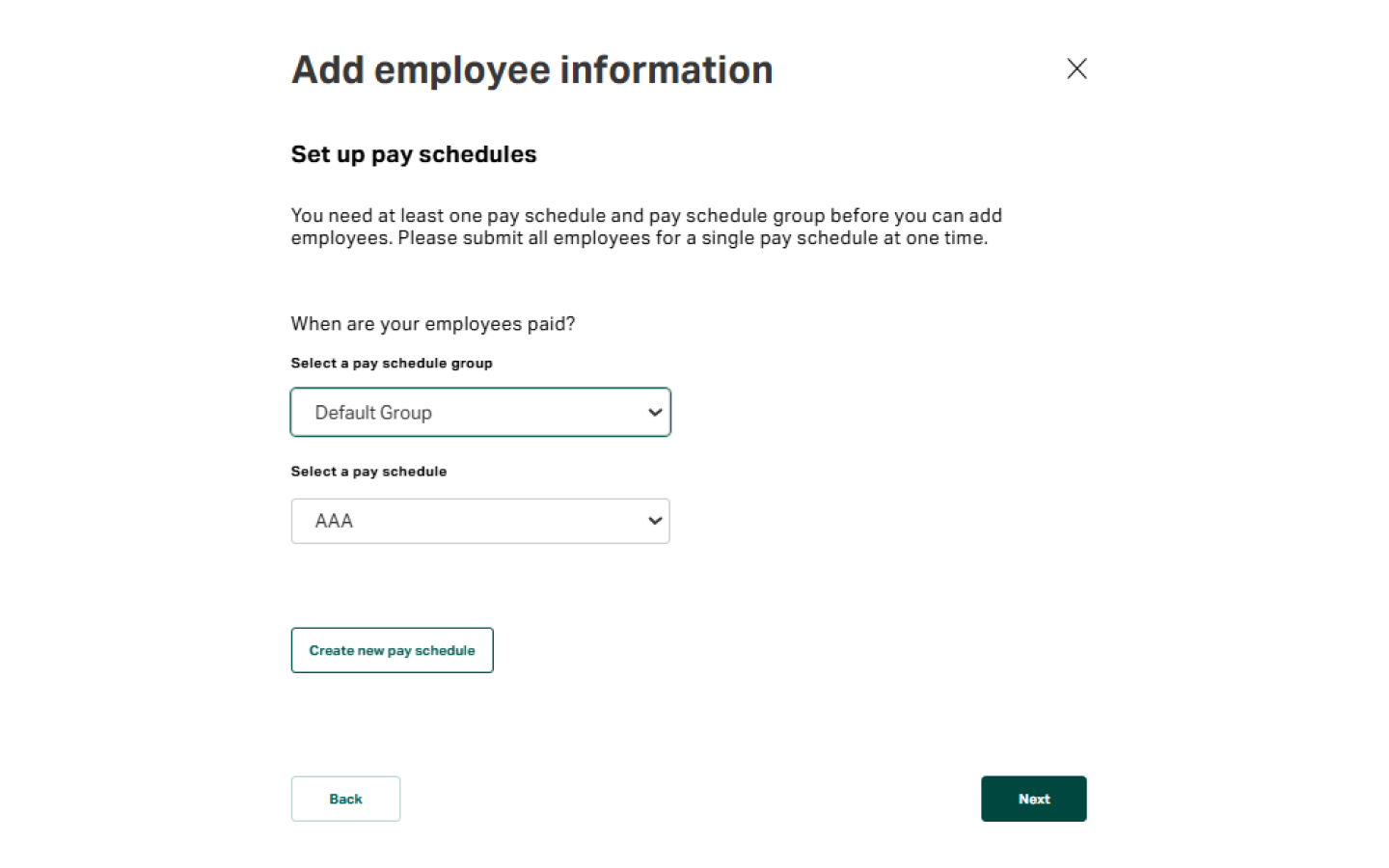 Select a pay schedule group and create a new pay schedule