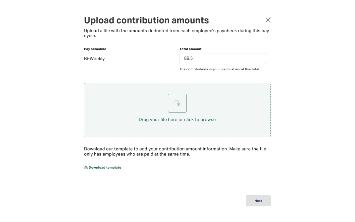 Complete and upload the contribution amounts template