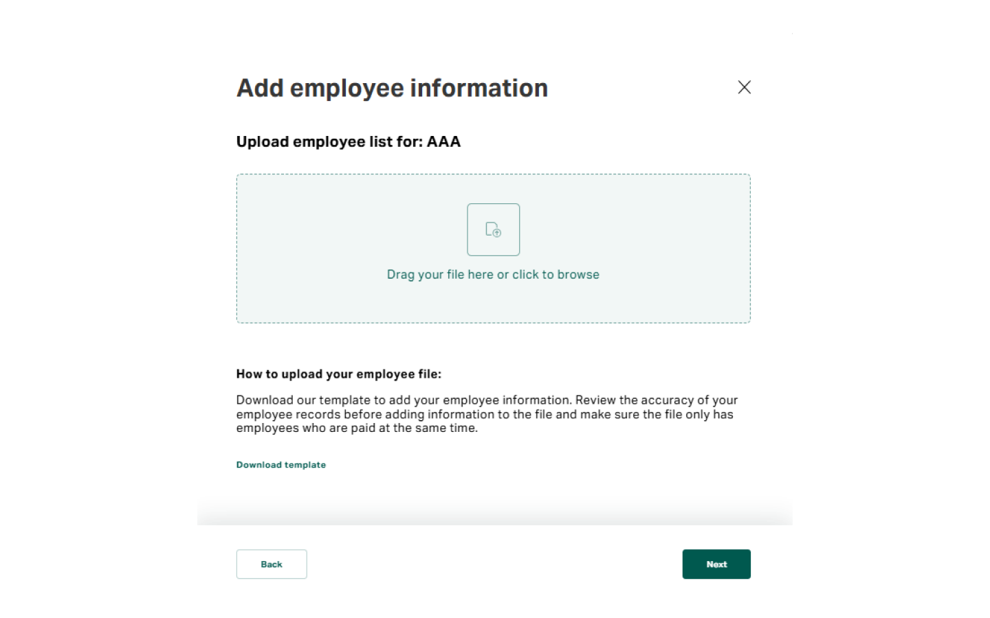 Upload the completed employee payroll file in the Employer Portal