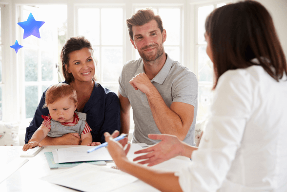 Building a secure future: Parents consulting advisor on financial plans with their baby