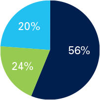 Pie chart visually showing percantages of the Growth option. 56% Domestic Equity Vanguard Total Stock Market Index 															(VSMPX), 24% Fixed Income Vanguard International Stock Index (VTIAX) and 20% International Equity Vanguard Total Bond Market Index (VBMPX)