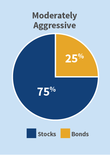 Pie chart for Moderately Aggressive investment option showing allocation of 25 percent bonds and 75 percent stocks